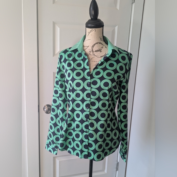 New York & Company Tops - New York & Company Navy and Green Ring-Print Button-Down Blouse Size M